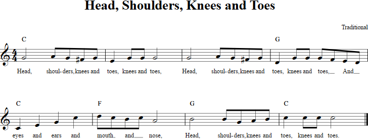 Head, Shoulders, Knees and Toes Recorder Sheet Music