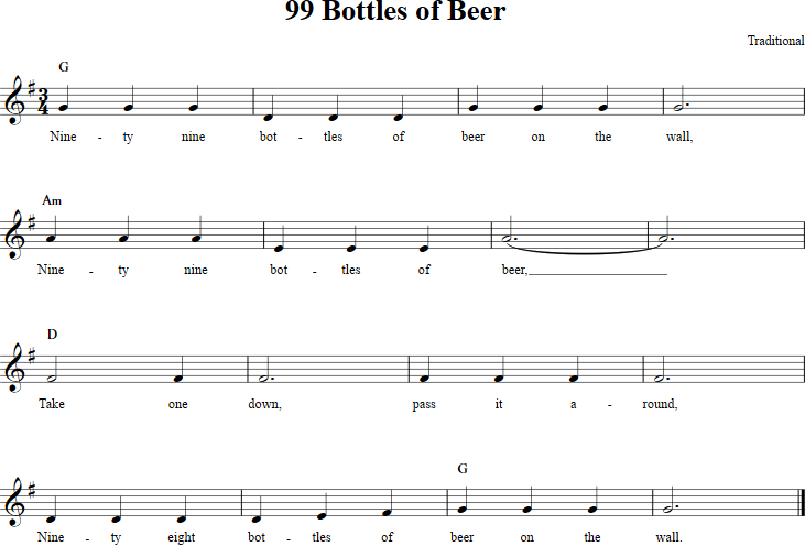 99 Bottles of Beer Recorder Sheet Music