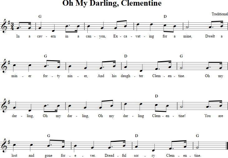 Oh My Darling, Clementine Recorder Sheet Music