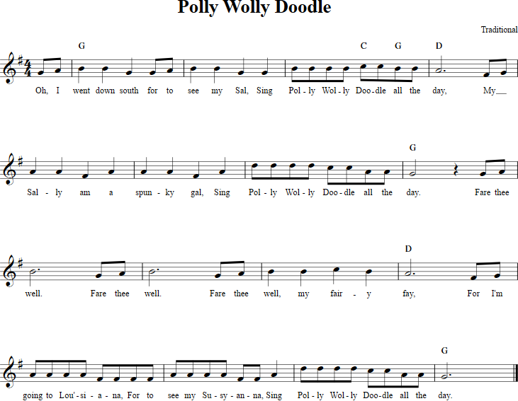 Polly Wolly Doodle Recorder Sheet Music